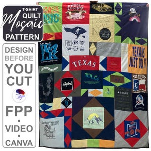 Könnte beinhalten: Eine Patchwork-Quilt aus verschiedenen T-Shirts mit einem Mosaikmuster. Der Quilt enthält eine Vielzahl von Farben und Designs, einschließlich Text und Grafiken. Der Quilt hat den Text "T-SHIRT QUILT MOSAIC PATTERN" und "DESIGN BEFORE YOU CUT".