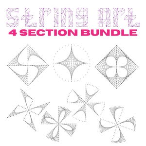 以下が含まれることがあります： 幾何学模様のストリングアートバンドル。画像には、ダイヤモンド、円形、星型など、さまざまなストリングアートパターンが表示されており、すべて白い背景に黒い糸で作成されています。「STRING ART」と「4 SECTION BUNDLE」の文字が画像にあります。