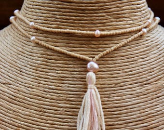 Tulsi wood with apricot pearl mala - yoga jewellery, Mala Beads Handmade, Yoga Jewellery Prayer Beads, Tassel Necklace, yoga jewelry