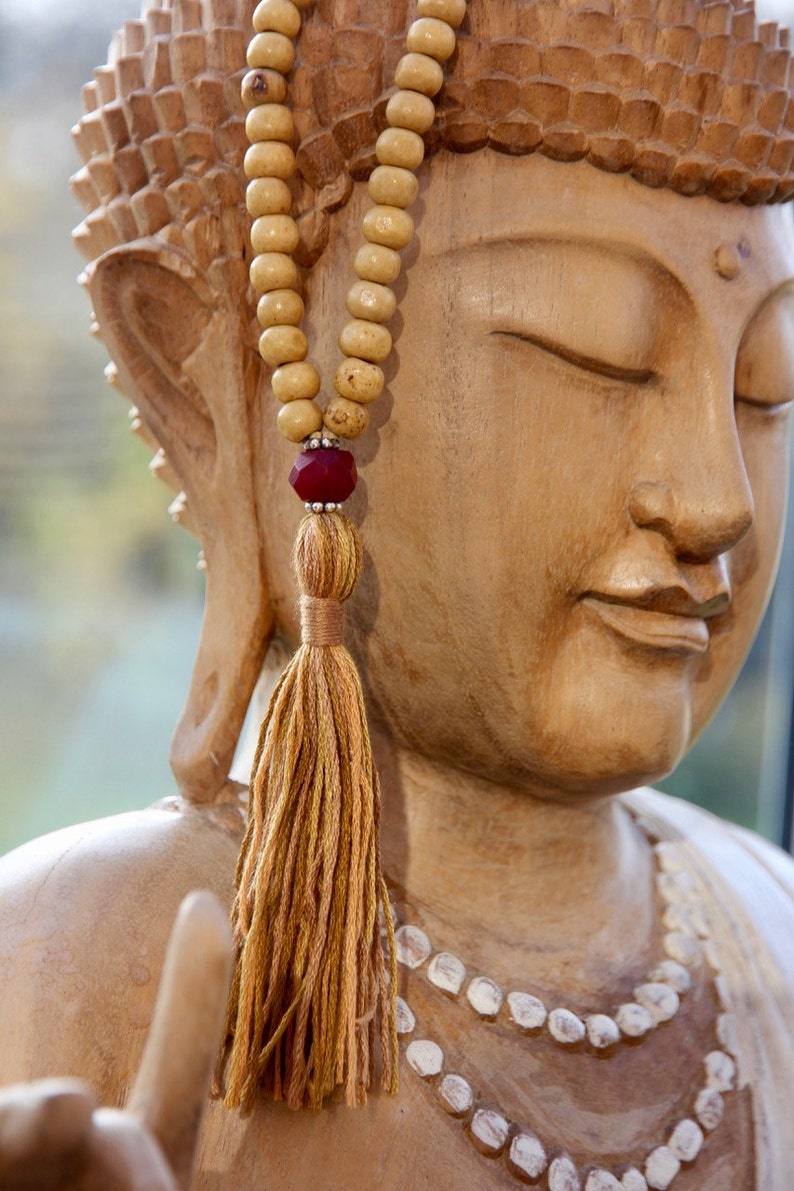 Prayer Beads yoga jewelry Tassel Necklace Yoga Jewellery Natural wood and ruby mala bead Mala Beads Mala 108 Beads Root Chakra