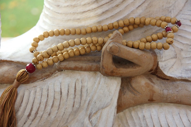 Prayer Beads yoga jewelry Tassel Necklace Yoga Jewellery Natural wood and ruby mala bead Mala Beads Mala 108 Beads Root Chakra