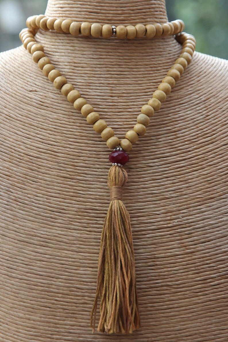 Prayer Beads yoga jewelry Tassel Necklace Yoga Jewellery Natural wood and ruby mala bead Mala Beads Mala 108 Beads Root Chakra
