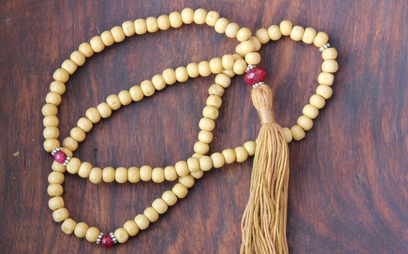 Prayer Beads yoga jewelry Tassel Necklace Yoga Jewellery Natural wood and ruby mala bead Mala Beads Mala 108 Beads Root Chakra