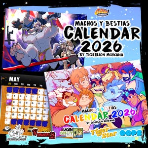 Puede incluir: Un calendario de 2026 con ilustraciones coloridas de personajes antropomórficos. El calendario incluye el texto "MACHOS Y BESTIAS CALENDAR 2026" y el nombre del artista, Tigerlion Moikana. Se muestra el mes de mayo, con una cuadrícula de calendario.