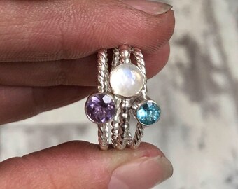 Custom sized Gemstone stacking Ring, stackable sterling silver ring, chakra jewelry, crown chakra, yoga jewelry, birthstone stackable ring,