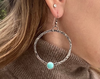 Turquoise hoop sterling silver earrings.
