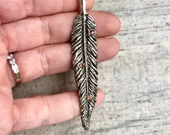 Sterling Silver Sapphire Feather pendant , Sterling Silver feather Necklace , Boho Luxe , wedding jewelry , bridesmaid gifts, 27" inch chain