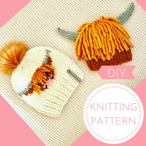 May include: DIY knitting pattern for a Highland Cow beanie hat. The pattern includes instructions for a small hat and a larger hat with a pom-pom.