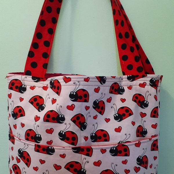 Lady bug Medium size tote  with pockets.  fabric tote lined tote shopping bag book bag Valentine's  day Valentine