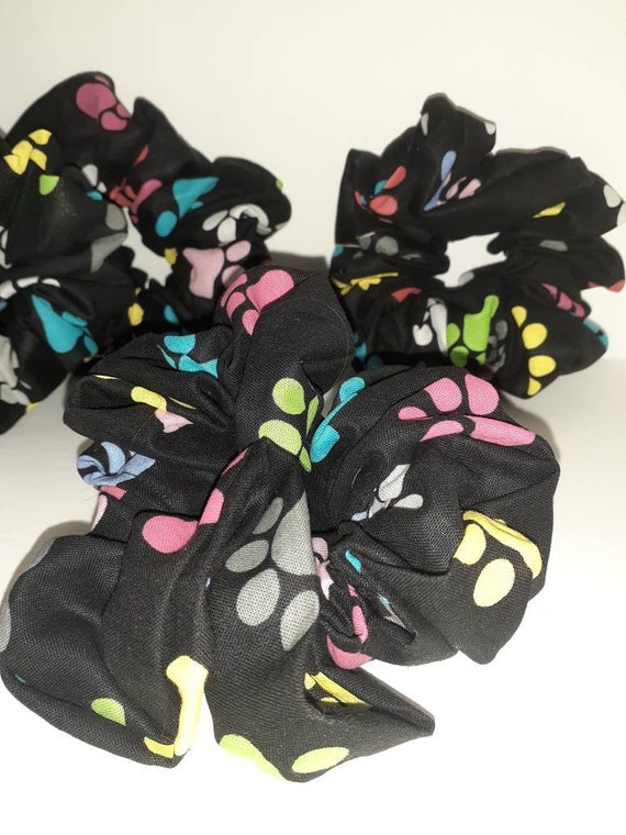 Handmade Large Hair Scrunchie – Cat & Dog Paws Print, Multicolor, Unisex/Women's Fabric Scrunchie