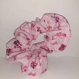 Dog themed pink paw print and bones  kids scrunchie,  hair tie