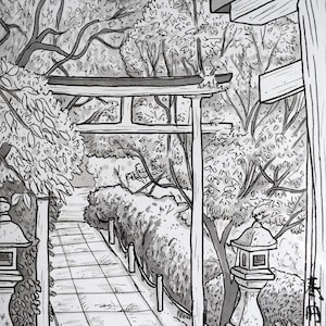 Original artwork - pen and ink drawing - &#39;Kyoyo Pond Shrine&#39;, Japan