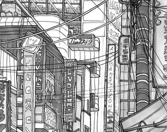 Original artwork - pen and ink drawing - 'Akihabara' in Tokyo, Japan