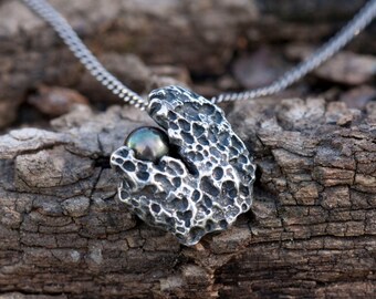 Sea Relic Necklace - Black Pearl and Sterling Silver Coral - OOAK organic necklace - Destash