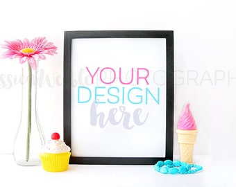 Download Free Black Frame + Sweets Styled Desktop, Styled Stock Photography, Styled Mockup, Product Background Photo, Art Print Backdrop, Cupcake, Flower PSD Template