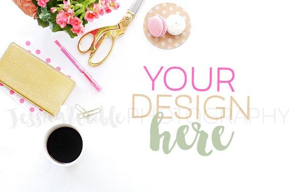 Feminine Pink Flower Styled Desktop Photography Mockup Gold Stationery