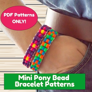 May include: Two bracelets made of small colourful pony beads. One bracelet features purple, yellow, and white beads. The other bracelet features orange, blue, green, and white beads. Text on the image reads: PDF Patterns ONLY! and Mini Pony Bead Bracelet Patterns.