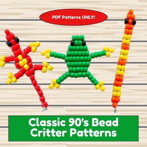May include: Three beaded critters: a red and yellow lizard, a green frog, and a yellow, orange, and red snake. The image includes text that reads "PDF Patterns ONLY!" and "Classic 90's Bead Critter Patterns".