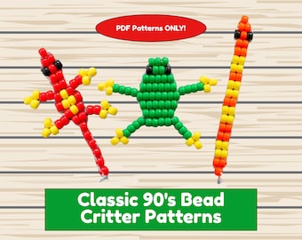 May include: Three beaded critters: a red and yellow lizard, a green frog, and a yellow, orange, and red snake. The image includes text that reads "PDF Patterns ONLY!" and "Classic 90's Bead Critter Patterns".