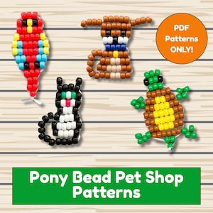 May include: Image features four pony bead pet patterns: a parrot, a dog, a cat, and a turtle. The parrot is red, blue, yellow, and black. The dog is brown with a blue collar. The cat is black and white. The turtle is brown and green. Text reads "PDF Patterns ONLY!" and "Pony Bead Pet Shop Patterns."