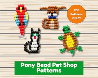 May include: Image features four pony bead pet patterns: a parrot, a dog, a cat, and a turtle. The parrot is red, blue, yellow, and black. The dog is brown with a blue collar. The cat is black and white. The turtle is brown and green. Text reads "PDF Patterns ONLY!" and "Pony Bead Pet Shop Patterns."