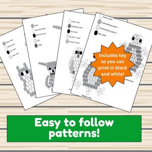 May include: Four white sheets with bead patterns, featuring animal designs in grayscale. The text "Includes key so you can print in black and white!" is on one sheet. A green banner at the bottom reads "Easy to follow patterns!"