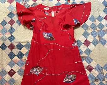 70s Hawaiian Flutter Sleeve Romantic Red Maxi Dress / 1970s Fan Print Caftan Dress / Vintage Bohemian Hippie Mumu / Large