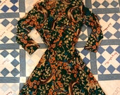 Vintage 70s XL XXL Kaftan Dress Long Sleeve Scandinavian Marimekko Print Style Inspired Emerald Green Jewel Tone Elegant Hippie Beautiful