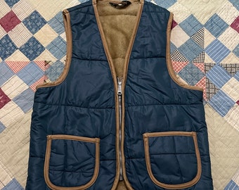 Vintage 70s Puffer Windbreaker Vest Weathercaster USA / 1970s Blue Faux Fur Lined Zip Up / Medium