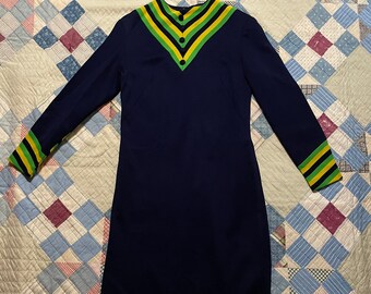 Vintage 60s Double Knit Poly Navy Blue Mod Go Go Shift Dress / 1960s Bohemian Knee Length Dress / Small