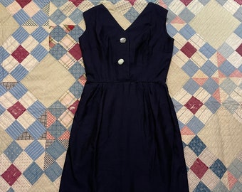 Vintage 60s Fit Flare Navy Blue Coquette Wiggle Dress / 1960 Pin Up Girl Bombshell Jackie O / Scoop Back Button Accent / Small