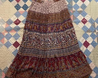 Vintage 1970s First Time Indian Cotton Gauze Bohemian Maxi Skirt / 70s Paper Thin Hippie Gauzy Cotton Skirt / One Size