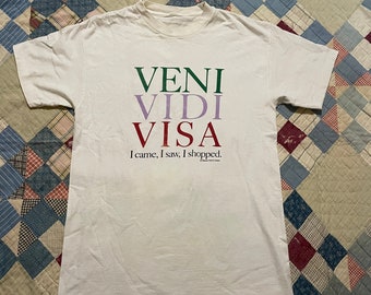 Vintage Medium Veni Vidi Visa Single Stitch White Crew Neck 90s Graphic T-shirt