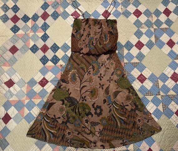 70s Sue Brett Pleated Bird Print Midi Dress / 197… - image 1
