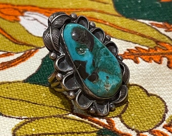 Sterling Silver Large Turquoise Chunk Triple Band Ring / Southwestern Boho Style Statement Ring