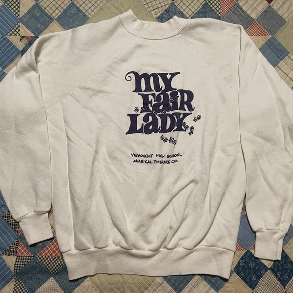 Vintage 80s/90s My Fair Lady White Pullover Sweatshirt Med Large Crew Neck High School Theater Production Athletic Spring Sweater
