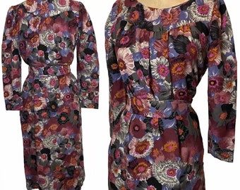 Vintage 1970s 80s Nicole Miller PJ Walsh Wool Floral Midi Dress AS IS / Psychedelic Purple Poppy Flower Print / Vintage Caftan Mumu / Large