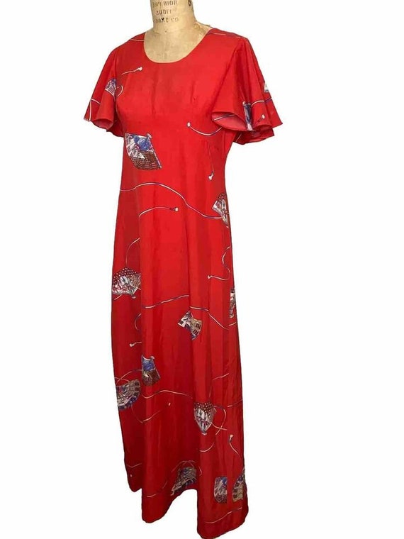 70s Hawaiian Flutter Sleeve Romantic Red Maxi Dre… - image 2