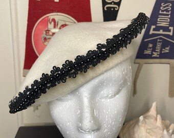 Vintage 80s Wool Black Bead Trim French White Beret