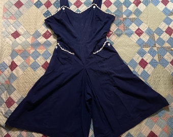 Vintage 1940s/50s Rick Rack Navy Blue Overalls Styled by Francis Mckay / 40s 50s Volup Wide Leg Palazzo Jumpsuit / Beach Pajama Overall / XL