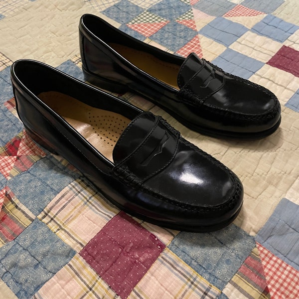 Vintage Leather Womens Black Bass Diana Weejun Penny Loafer / Brogue Classic Flats Slip on Shoes / Size 9.5