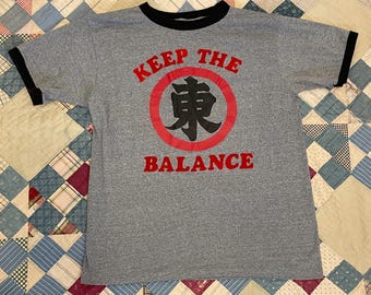 Vintage 70s Ringer T-Shirt: Keep The Balance, Chinese Symbol, Heather Grey, XL