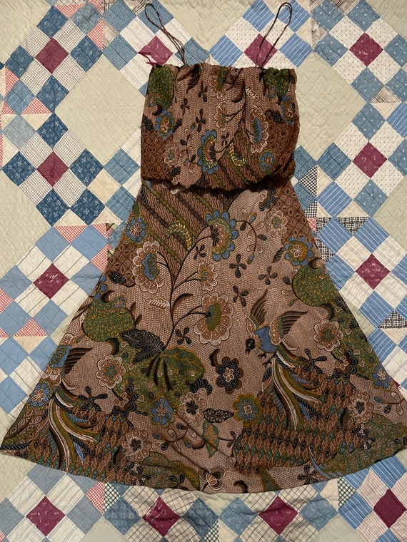70s Sue Brett Pleated Bird Print Midi Dress / 197… - image 3