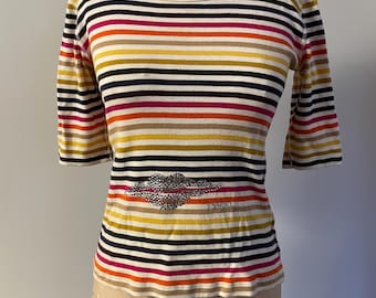 Vintage 90s Sonia Rykiel Rainbow Stripe T-Shirt: Rhinestone Logo, Medium
