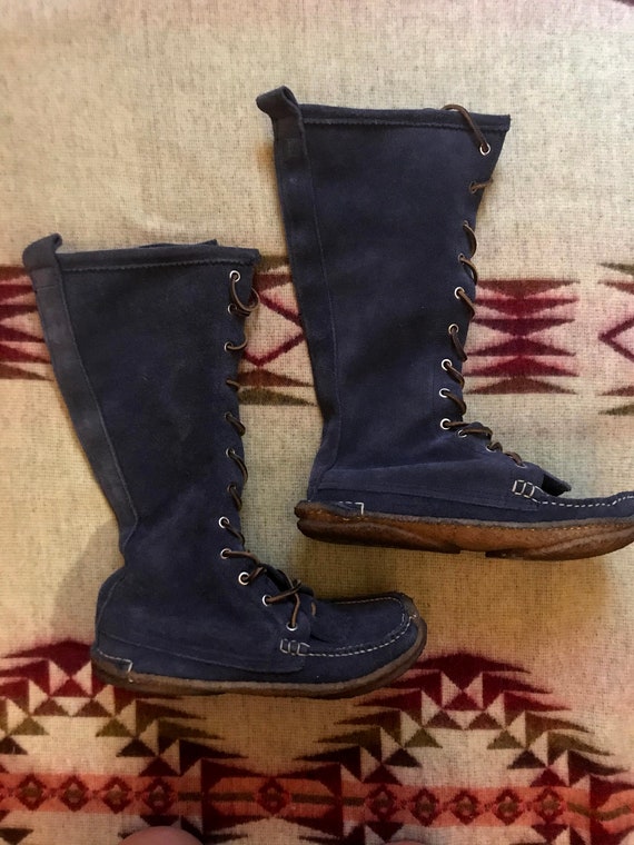 Vintage Knee High Lace Up Suede Moccasin Snow Boot