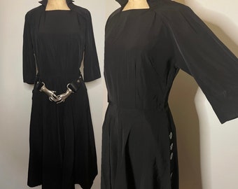 Vintage 1940s/50s Black Dress Button Vamp New Look Taffeta Crepe Midi Dress / Medium