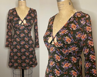 60s Joseph Magnin Bohemian Vintage Cutout Floral Mini Dress / 1960s Mod Boho Rose Print GoGo Dress / S
