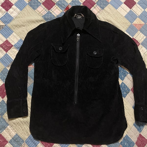 70s Wide Wale Black Corduroy Smock / 1970s Dagger Collar Cord Top / Large