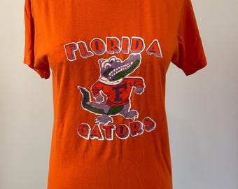 Vintage 70s Florida Gators T-Shirt: Orange Mascot Babydoll Tee, Single Stitch