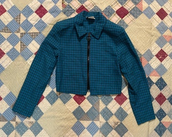 1990s Vintage Cropped Blue Plaid Zip Up Blondie and Me Jacket / 90s Dark Academia Coquette Crop Top / Small